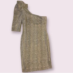 One shoulder metallic gold snakeskin print dress